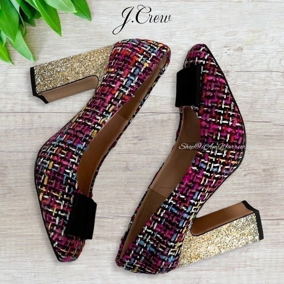 J.Crew magenta mixed tweed glitter block heels with ribbon toe bow - Picture 10 of 17